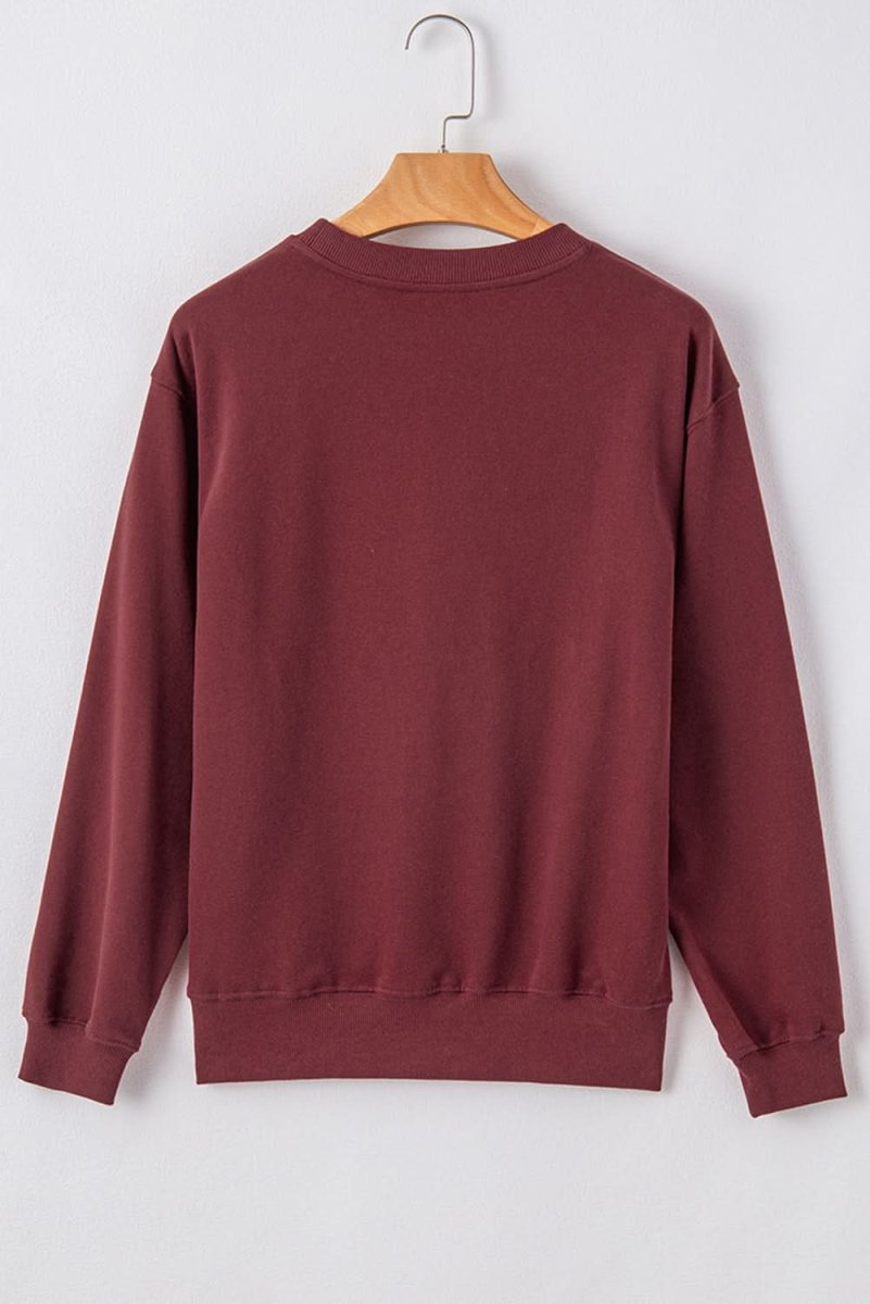 Burgundy Plain Drop Shoulder Crewneck Pullover Sweatshirt - Love Salve